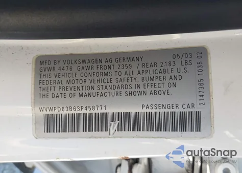 2003 Volkswagen Passat Gls z USA, uszkodzony, nr VIN WVWPD63B63P458771